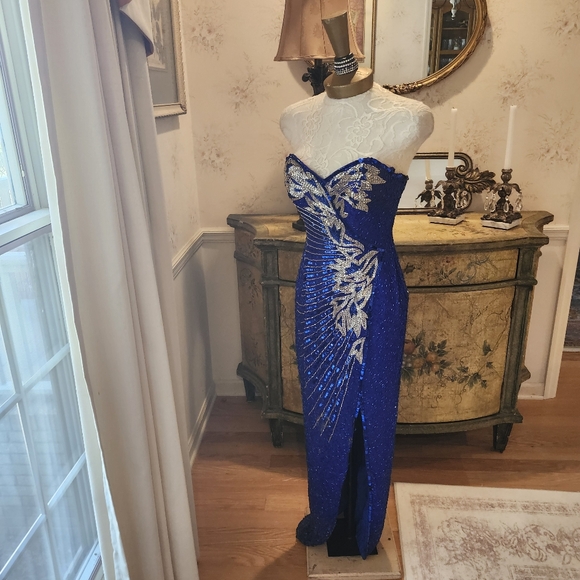 Della Roufogali Dore Fully Beaded Royal Blue & Silver 90s Evening Gown 4 Small - Picture 5 of 11